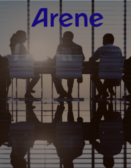 People having meeting. Arene text at the top